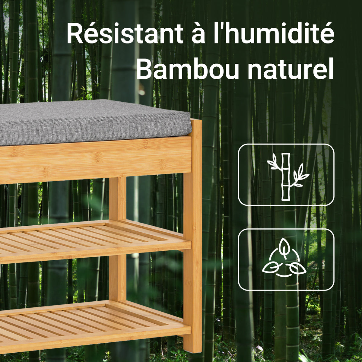 SoBuy FSR49-N Banc à Chaussures en Bambou 55 × 30 × 46 cm, Coussin, 2 Étagères et Tiroir Latéral – Naturel