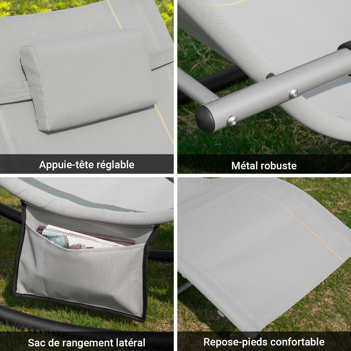 SoBuy OGS28-HGx2 Lot de 2 Chaises Longues à Bascule – Appui-Tête Réglable, Pochette Latérale, Textilène, Charge 150 kg, Gris