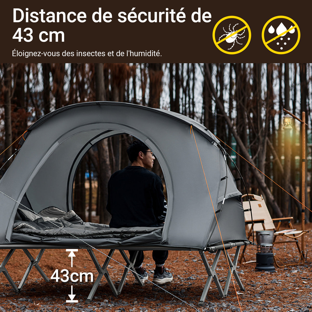 SoBuy OGS60-L-HG Lit de Camping 2 Personnes 3 en 1 – Toit Anti-UV, Matelas Gonflable Intégré, Charge 300 kg, Sac à Roulettes, Gris