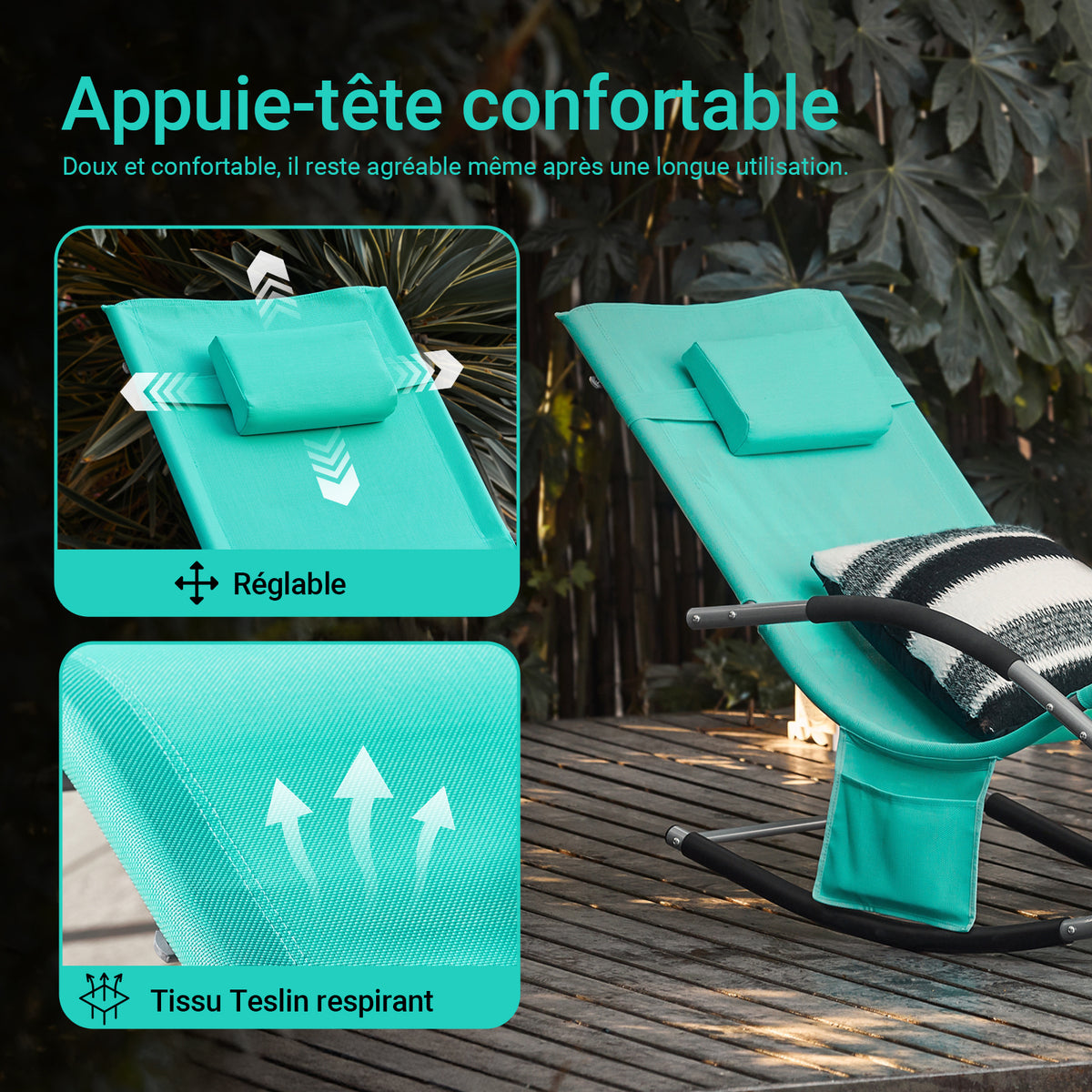 SoBuy OGS28-TB Chaise Longue Transat de Jardin Bascule avec Appui-tête Réglable et Pochette latérale