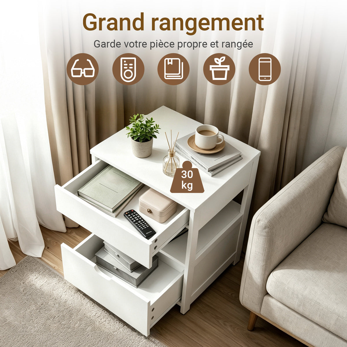 sobuyes.shopG258-II-E-W Table de Chevet avec Station de Charge 4-en-1, 2 Tiroirs et Étagère – Blanc, 45×38×55,5 cm