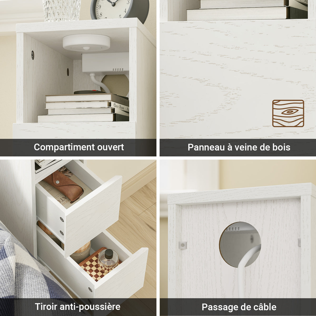 SoBuy FBT149-E-WG Table de Chevet Étroite 20cm avec Chargeur USB & Type-C + Lampe LED Magnétique – Blanc Effet Bois