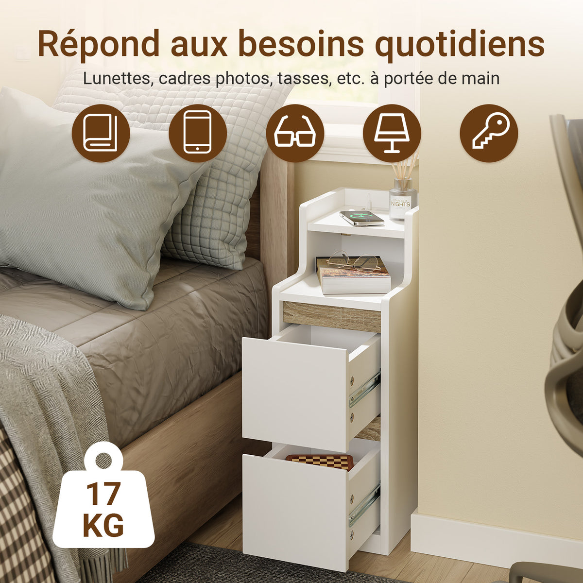 SoBuy FBT178-E-WN Table de Chevet Étroite – 22 cm, Chargeur USB-A & Type-C, Barre LED Tactile, 2 Tiroirs