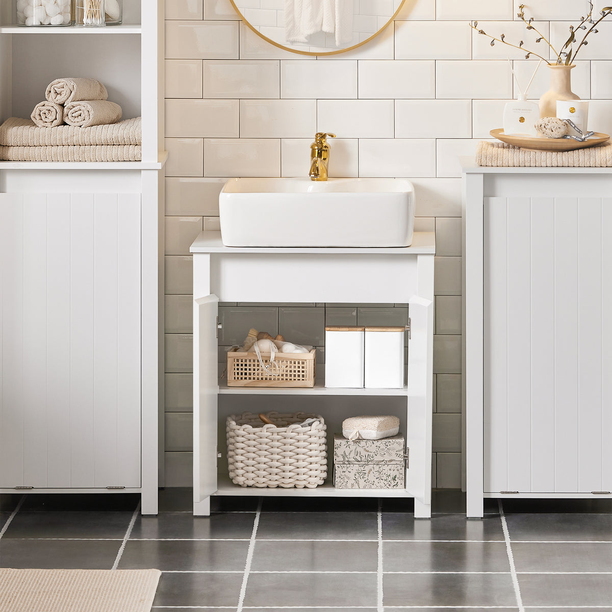 SoBuy BZR101-W Meuble sous Évier Salle de Bain, Meuble Évier de Cuisine avec 2 Portes