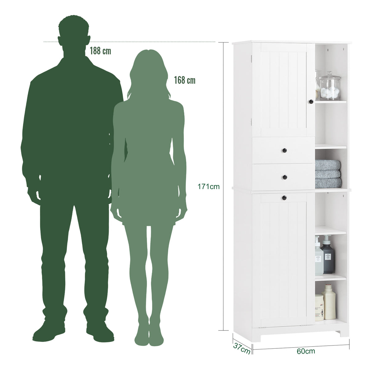 SoBuy BZR104-W Colonne Salle de Bain avec Panier à Linge Intégré – 6 Étagères Réglables, 2 Tiroirs, Gain de Place 171 cm, Blanc