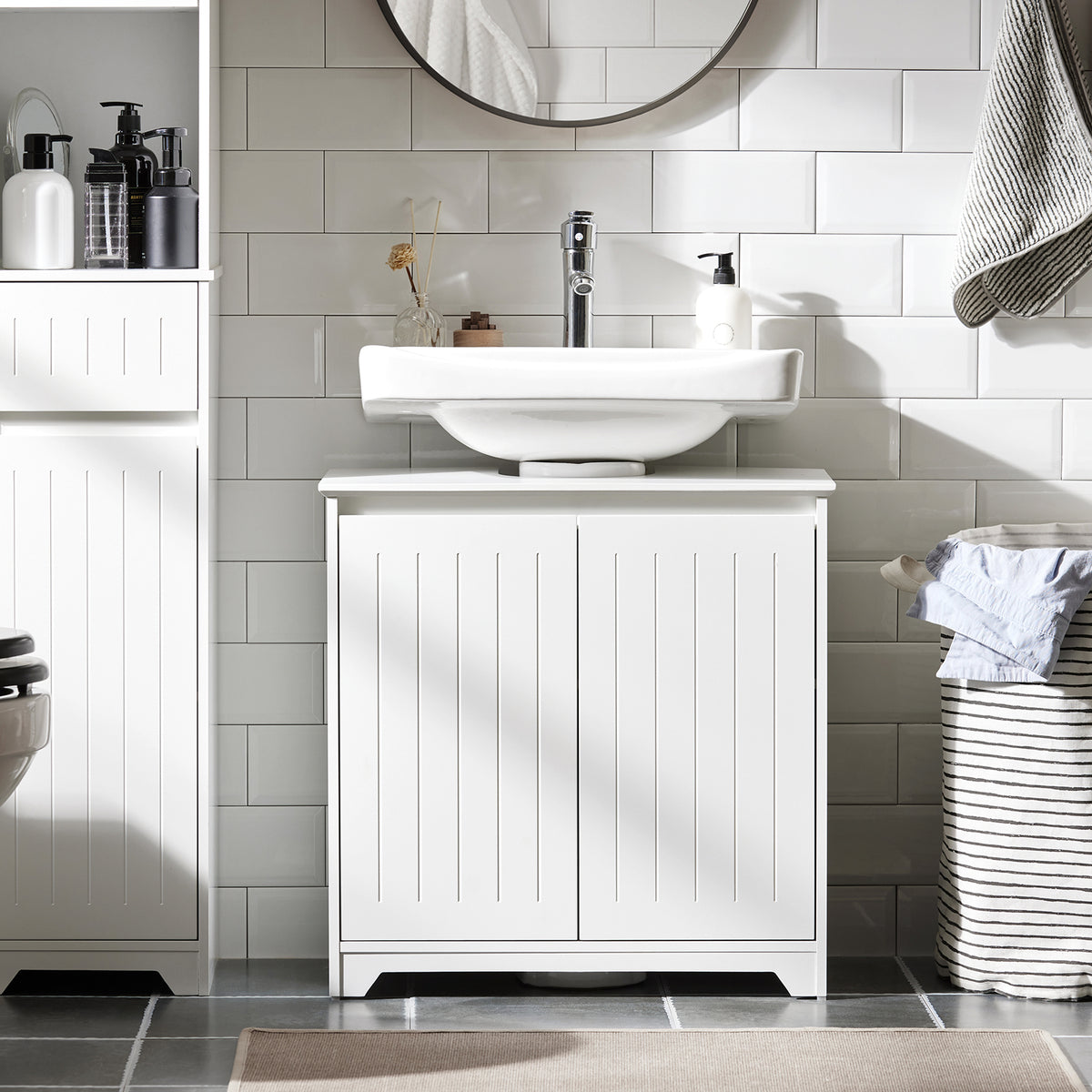 SoBuy BZR108-II-W Meuble sous Colonne Lavabo avec 2 Portes – 60×30×60 cm, Charge 30 kg, MDF E1, Blanc