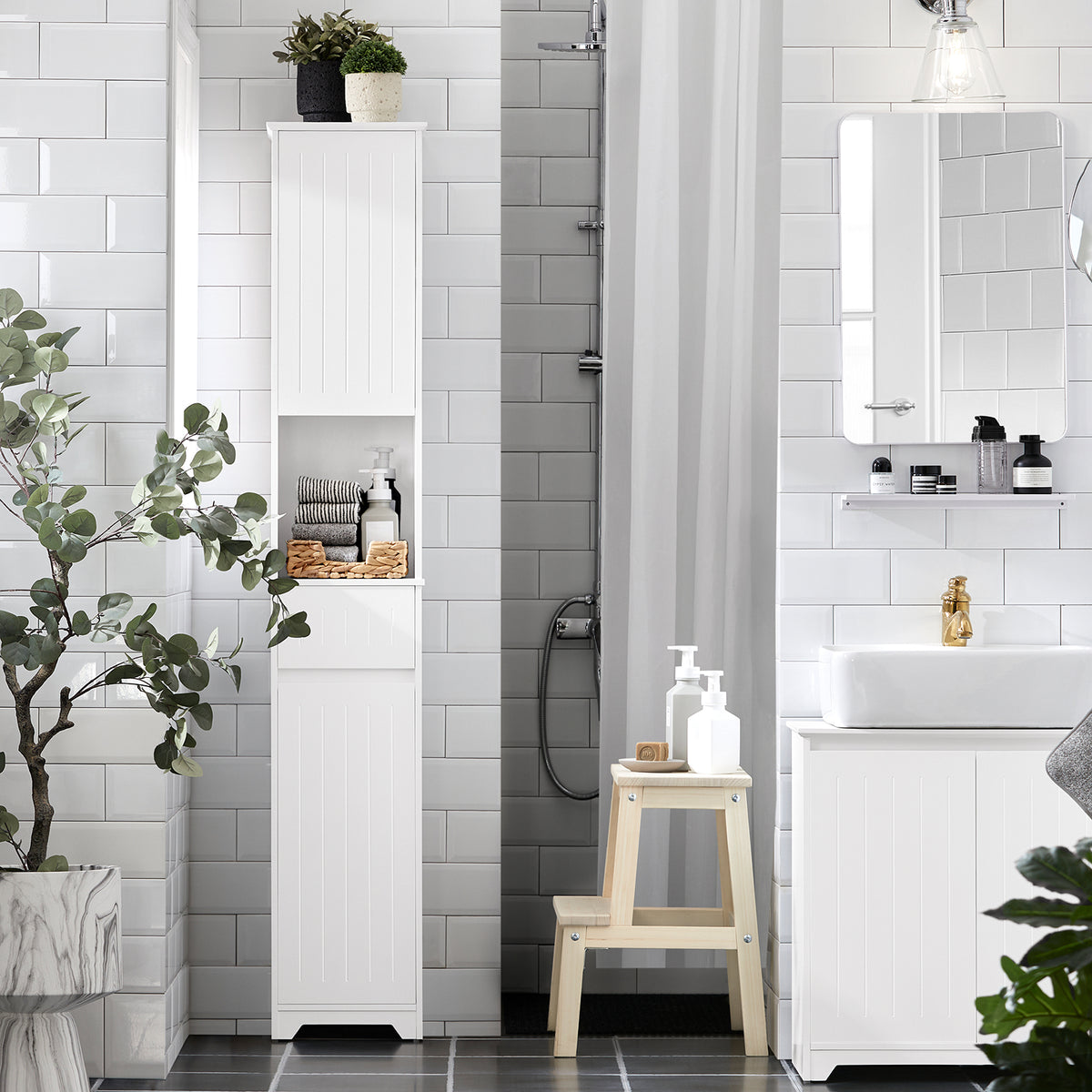 SoBuy BZR109-W Colonne de Salle de Bain Blanche – 30 × 30 × 170 cm, 2 Portes et 1 Tiroir