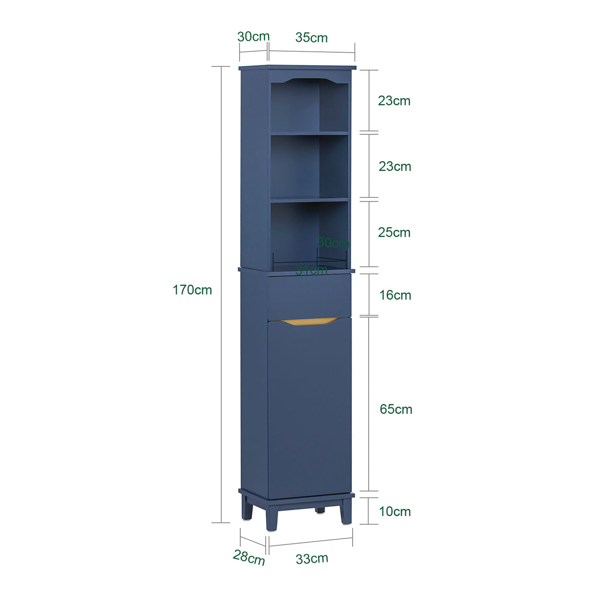 SoBuy BZR112-B Colonne de Salle de Bain Bleue – 3 Niches, 1 Tiroir et 1 Porte, 35 × 30 × 170 cm