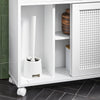 SoBuy BZR119-W Meuble WC à Roulettes avec 2 Portes Coulissantes en Rotin – L65×P20×H70 cm, Charge 35 kg, MDF E1, Blanc