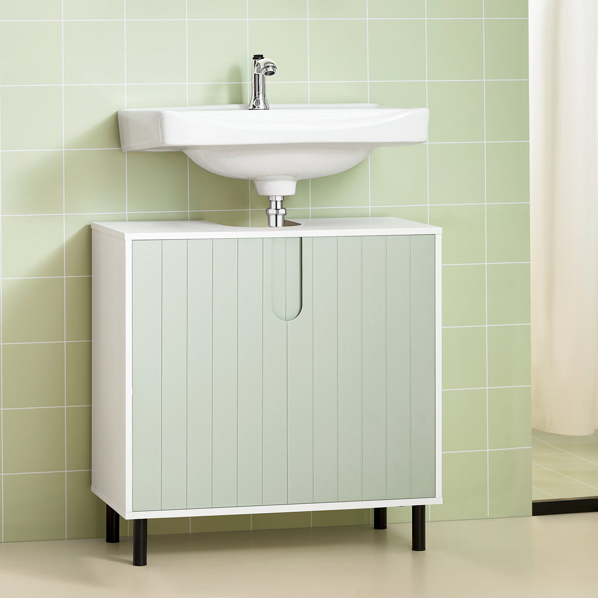 SoBuy BZR139-GR Meuble sous-lavabo 60 × 30 × 60 cm – 2 Portes, Tablette Réglable, Vert et Blanc