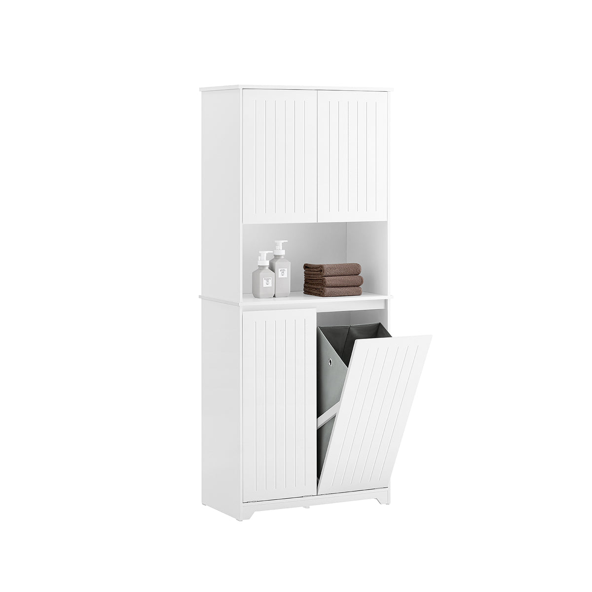Meuble de salle de bain blanc, grand espace de rangement avec panier à linge.
