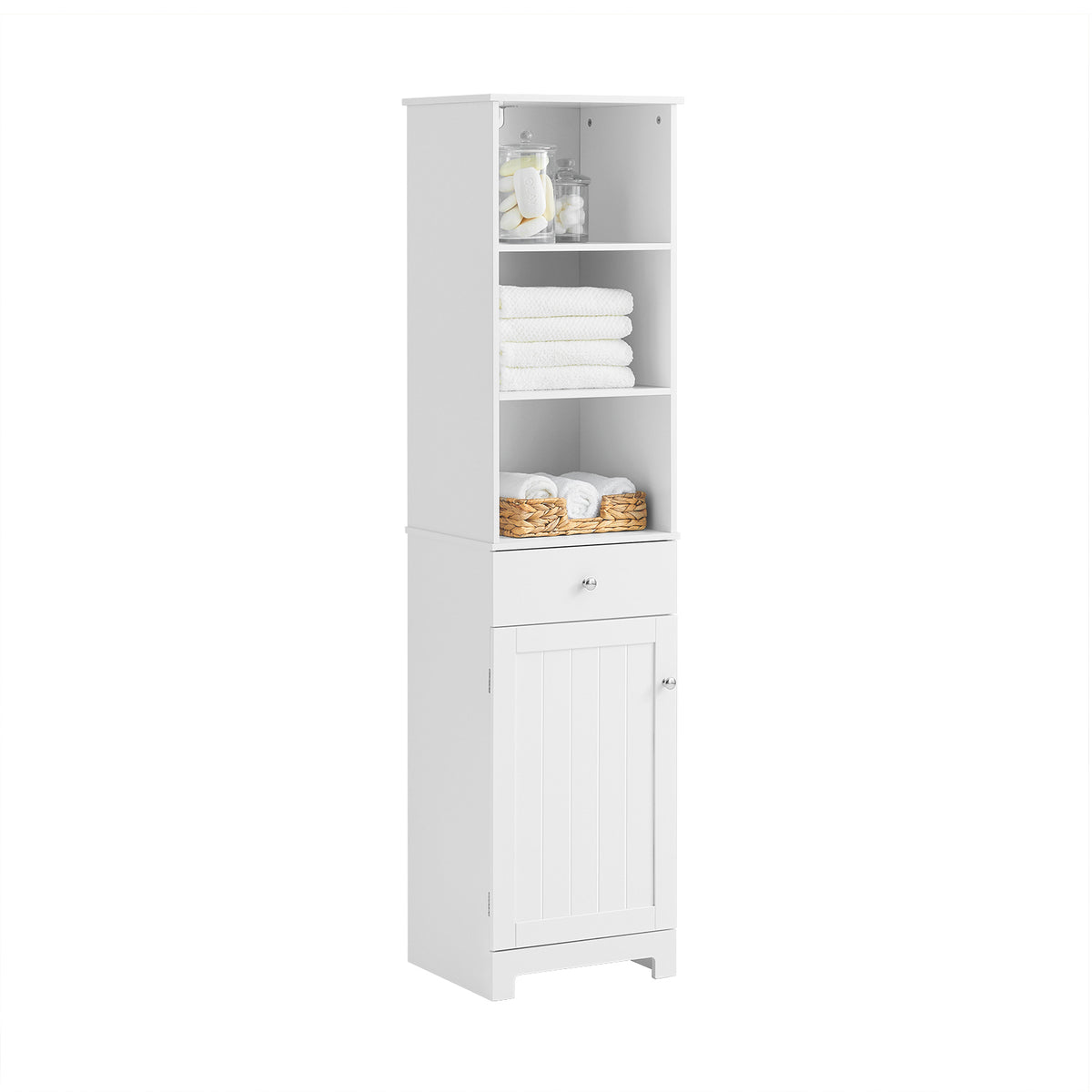 SoBuy BZR17-W Colonne Salle de Bain Meuble Salle de Bain Rangement avec Armoire et 3 Étagères Ouvertes, Petit Meuble Compact