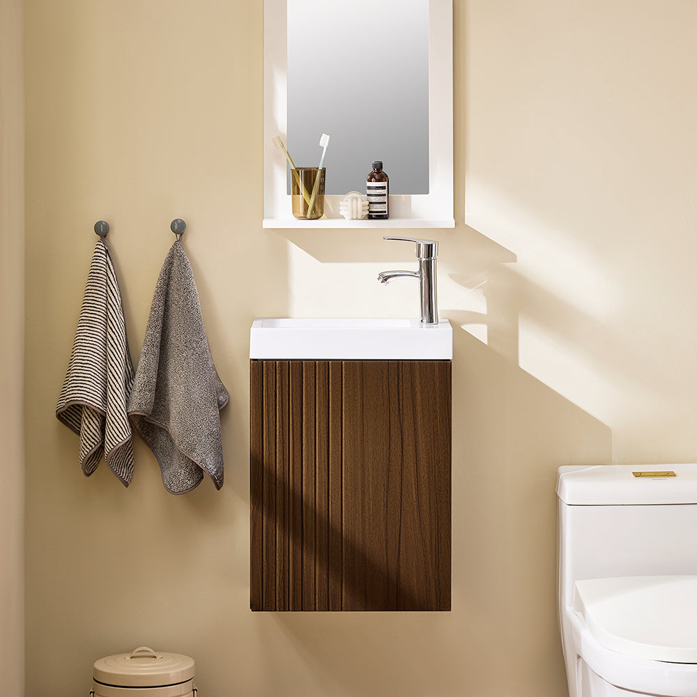 SoBuy BZR196-BR Meuble Lave-Mains Suspendu 40 × 22 × 56 cm avec Lavabo Céramique et Porte à Fermeture Douce – Effet Bois Foncé
