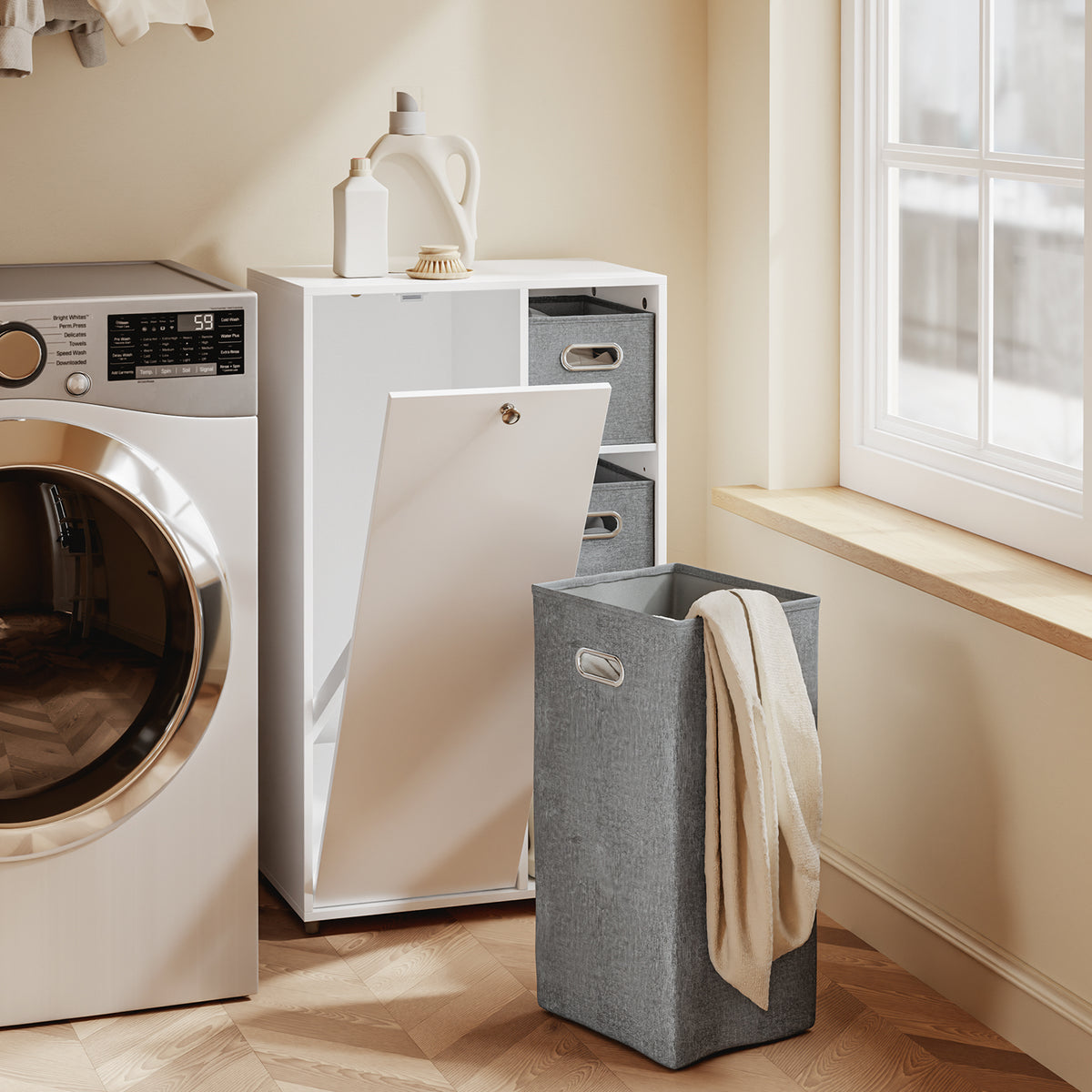 SoBuy BZR218-W Meuble Salle de Bain avec Panier à Linge Intégré, Porte Basculante, 2 Paniers en Tissu et 3 Étagères Réglables – Colonne Rangement Blanc, 50 × 30 cm