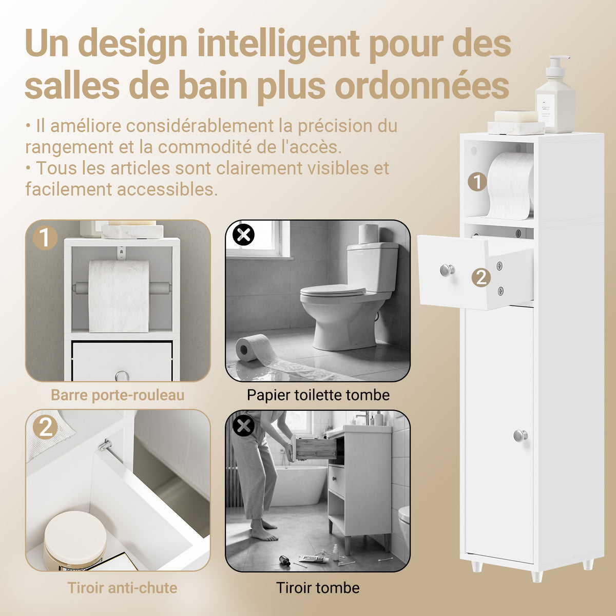SoBuy BZR219-W Bathroom Cabinet 20 x 20 cm Narrow Toilet Cabinet with Roll Holder and Reversible Door, Compact Toilet Storage with Drawer and Adjustable Shelf
