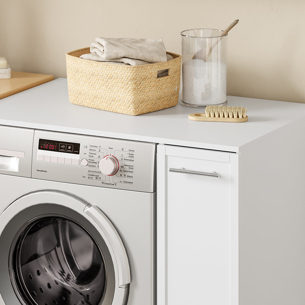 SoBuy BZR229-W Meuble Lave-Linge avec Porte et Tiroir Coulissant – Armoire de Buanderie Encastrable – 90×60×88 cm, Blanc