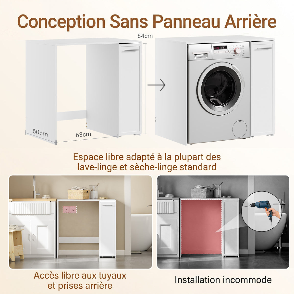 SoBuy BZR229-W Meuble Lave-Linge avec Porte et Tiroir Coulissant – Armoire de Buanderie Encastrable – 90×60×88 cm, Blanc