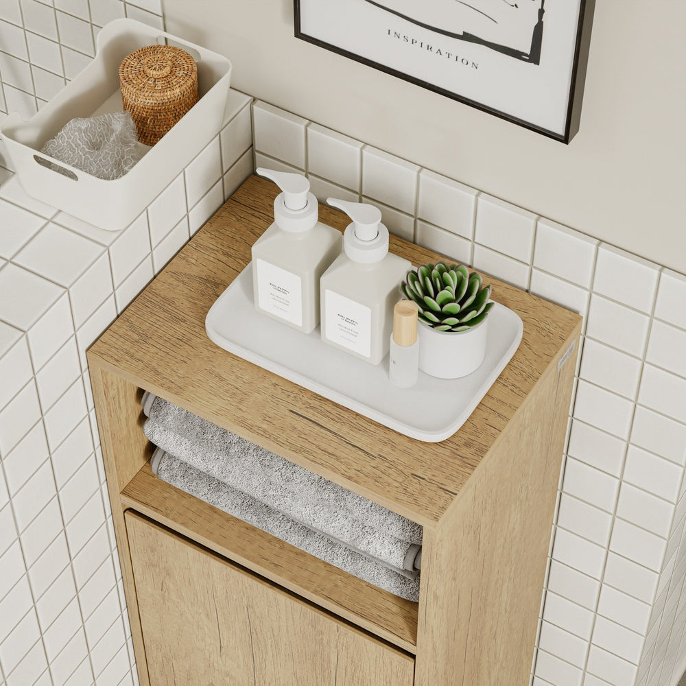 SoBuy BZR236-E-N Meuble de Salle de Bain avec Panier à Linge Basculant – Placard Étroit Gain de Place avec Éclairage LED à Détecteur, Effet Chêne Clair – 40×30×90 cm, Charge 30 kg