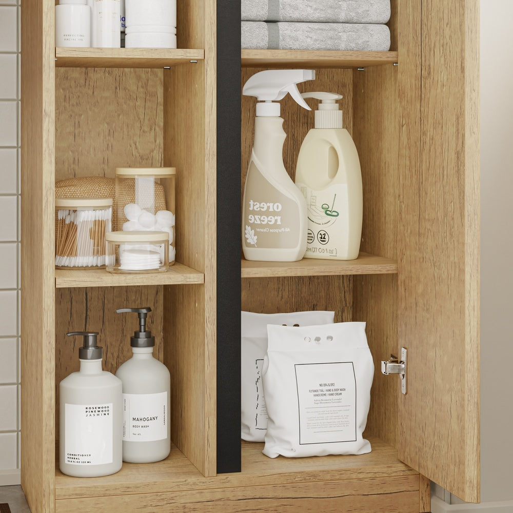 SoBuy BZR237-E-N Colonne de Salle de Bain Étroite avec Éclairage – Armoire Haute Effet Chêne Clair, 10 Étagères, pour Petit Espace – 50×30×180 cm, Charge 120 kg
