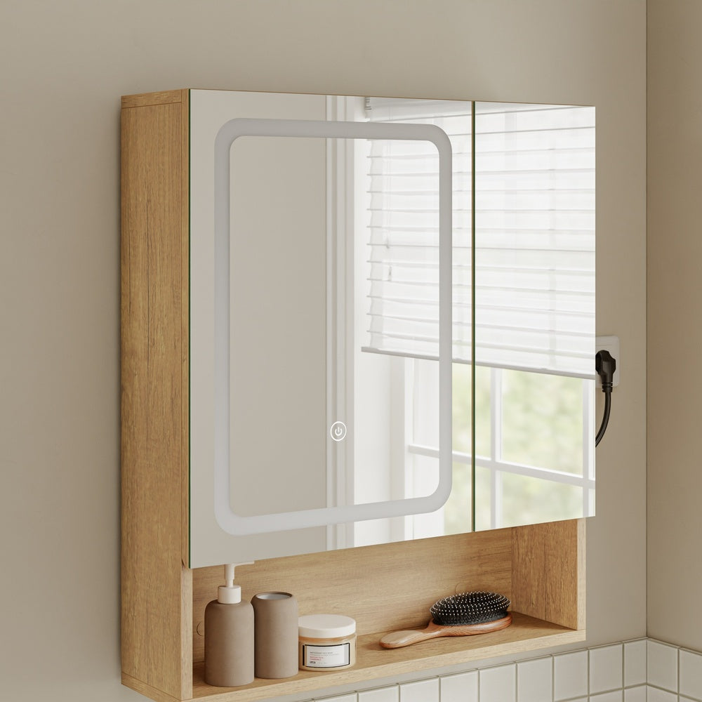 SoBuy BZR238-E-N Armoire Miroir Murale Salle de Bain avec Éclairage LED et Prises Intégrées – 2 Portes Miroir, Rangement Ouvert et 3 Étagères, Chêne Clair Scandinave – 60×17×70 cm, Charge 30 kg