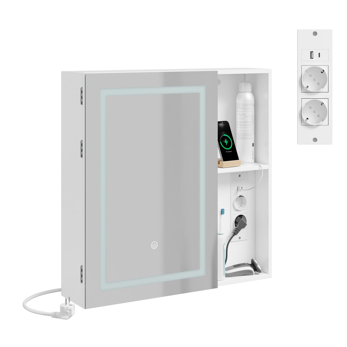 SoBuy BZR239-E-W Armoire Miroir de Salle de Bain avec LED et Prises – Meuble Mural, Étagères – 60×15,5×60 cm, Blanc