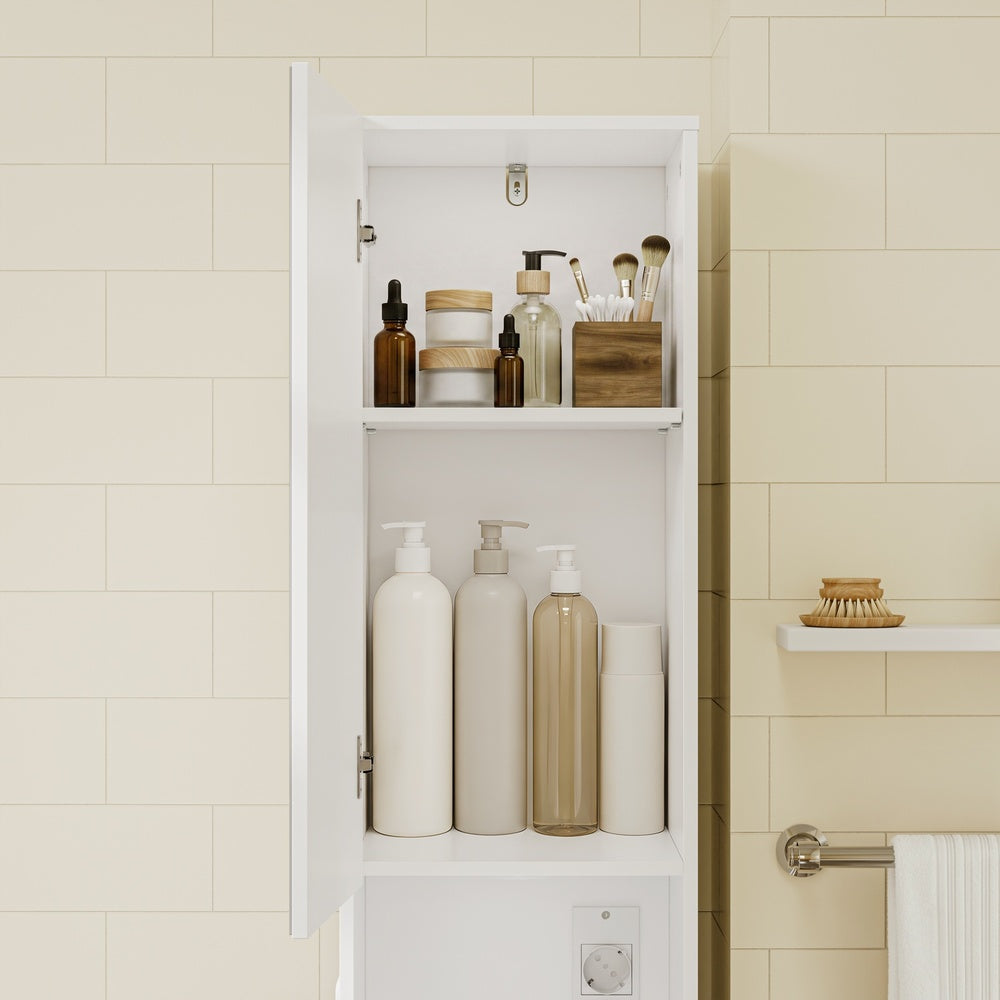 SoBuy BZR240-E-W Colonne de Salle de Bain Étroite avec Miroir et Éclairage – Prise Intégrée et Port USB-A, 2 Tiroirs – 30×30×180,5 cm, Blanc