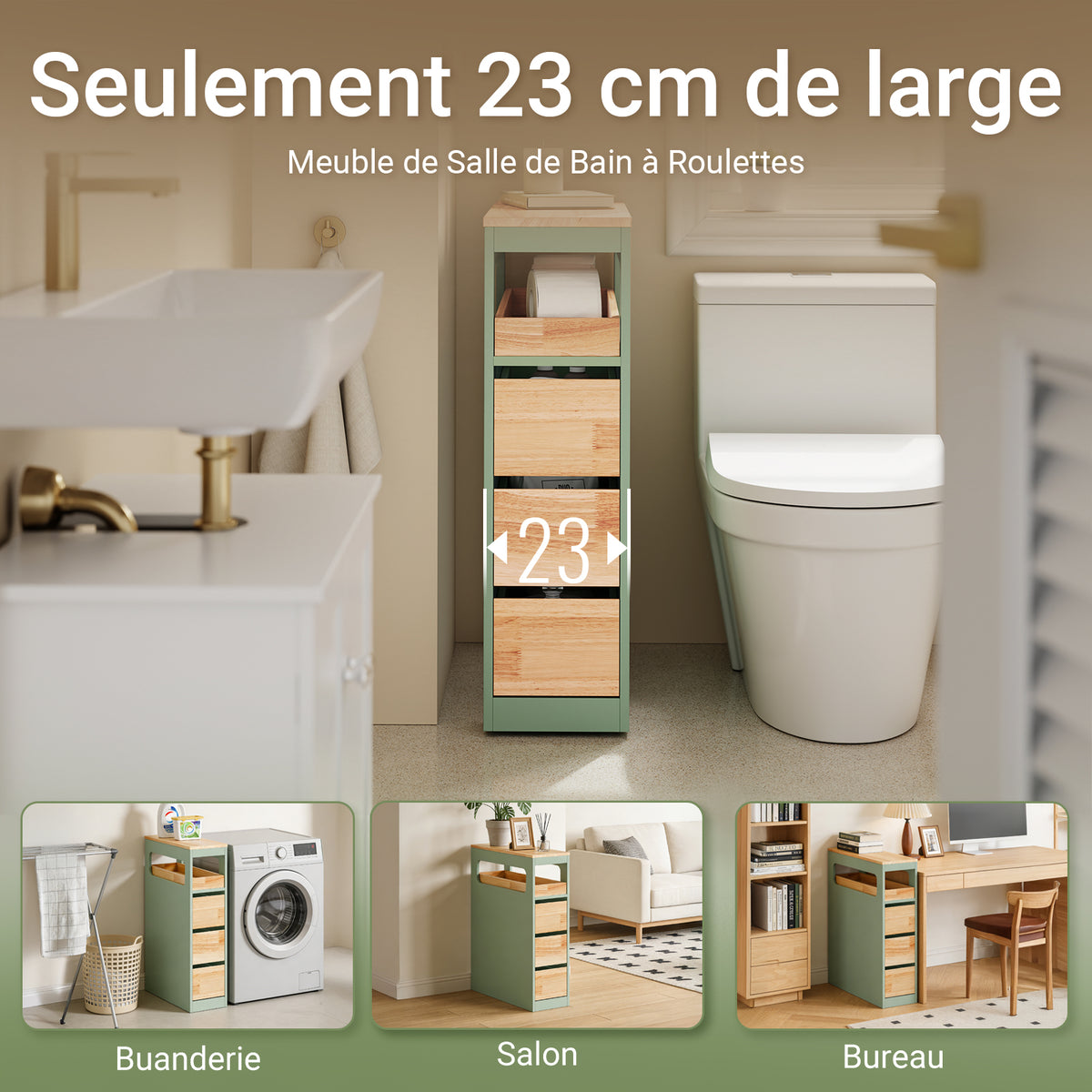 SoBuy BZR54-II-GR Meuble Salle de Bain à Roulettes, 3 Tiroirs et Niche Ouverte, Slim 23cm, Charge 40kg – 65x23x82 cm