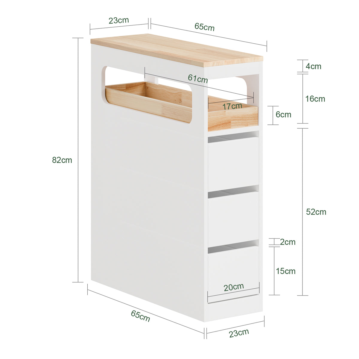 SoBuy BZR54-II-W Meuble Salle de Bain à Roulettes – 3 Tiroirs et Niche – Slim 23 cm – Blanc et Hévéa