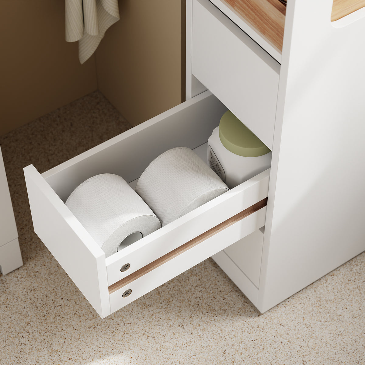 SoBuy BZR54-II-W Meuble Salle de Bain à Roulettes – 3 Tiroirs et Niche – Slim 23 cm – Blanc et Hévéa