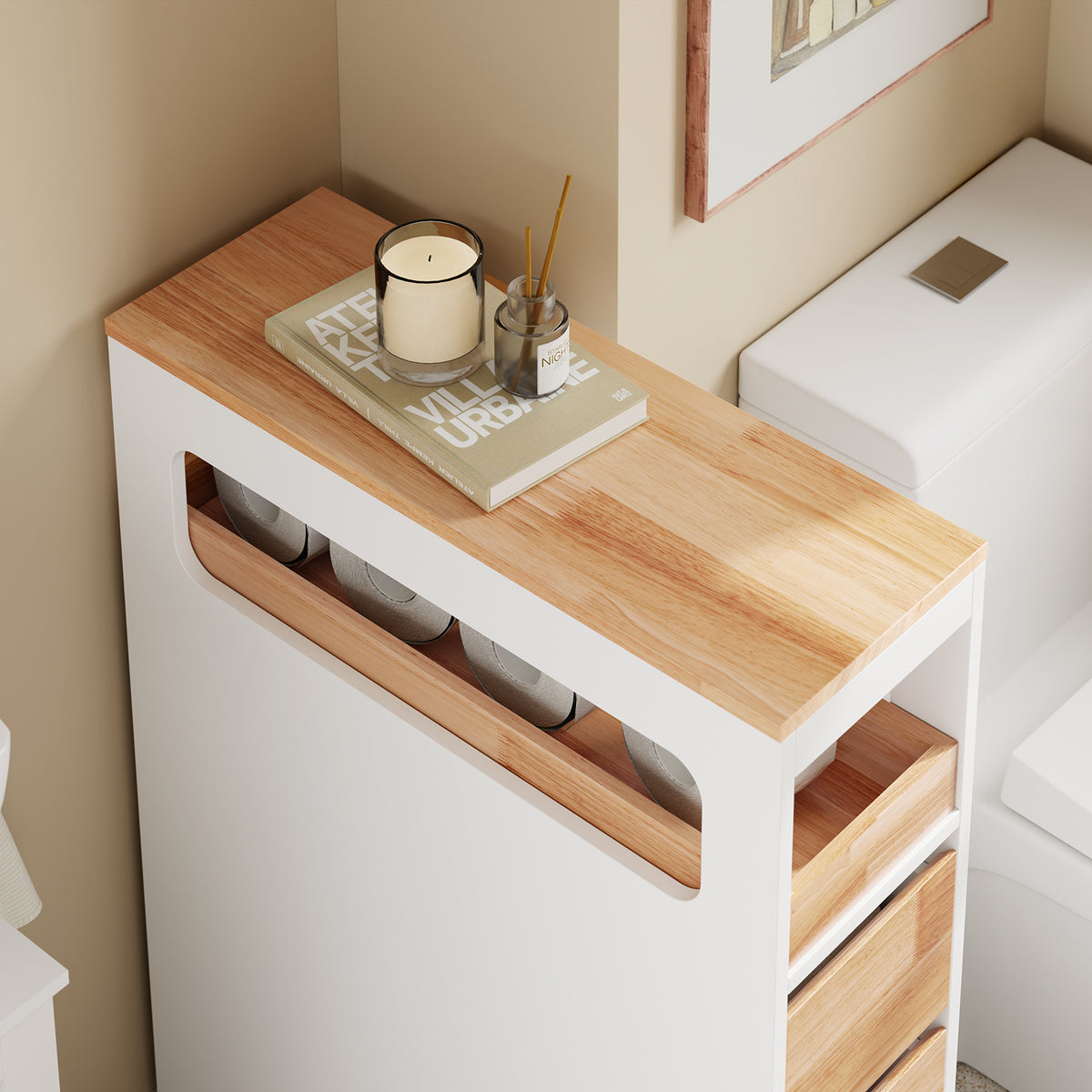 SoBuy BZR54-IV-WN Colonne Salle de Bain avec Roulettes, 3 Tiroirs et Compartiment Arrière Réglable – L65×P23×H82 cm, Charge 40 kg, Blanc et Naturel