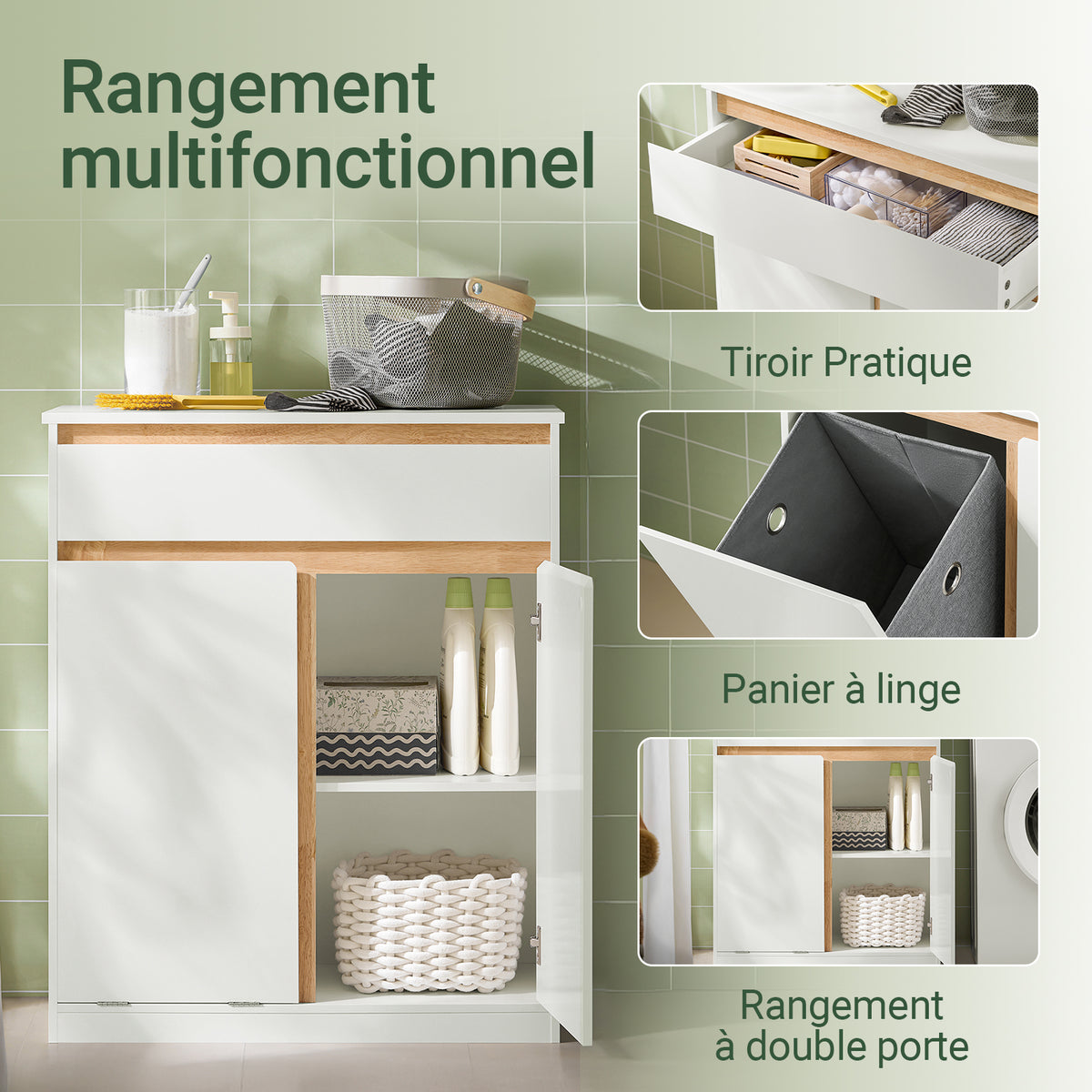 SoBuy BZR79-W Meuble de Salle de Bain avec Panier à Linge Intégré, Tiroir et Double Porte – Blanc et Bois