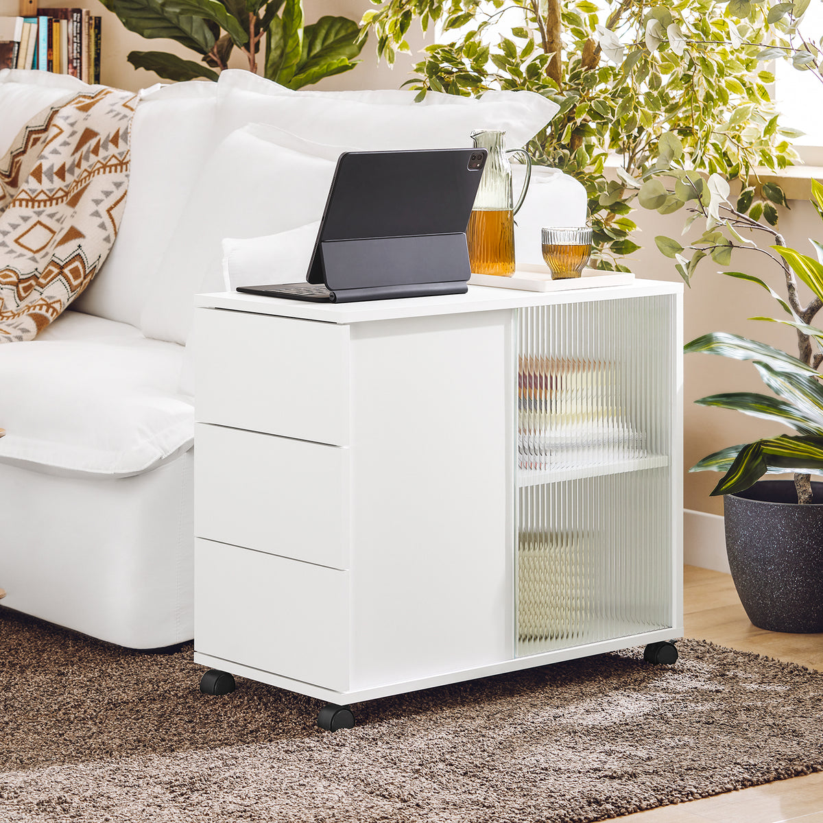 SoBuy FBT141-W Bout de Canapé, Table d'appoint Roulante, Table Basse, Table à Café avec 3 Tiroir, pour Salon, Bureau, Chambre