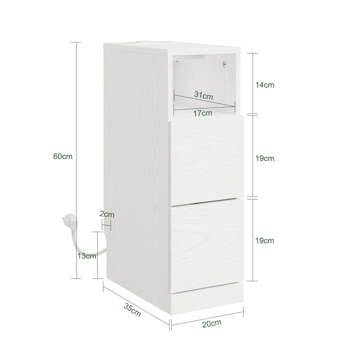 SoBuy FBT149-E-WG Table de Chevet Étroite 20cm avec Chargeur USB & Type-C + Lampe LED Magnétique – Blanc Effet Bois
