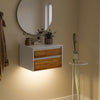 SoBuy FBT175-E-WN Table de Chevet Murale avec LED à Détection de Mouvement, 2 Tiroirs Push – Blanc/Naturel, 40×29,8×25,6 cm