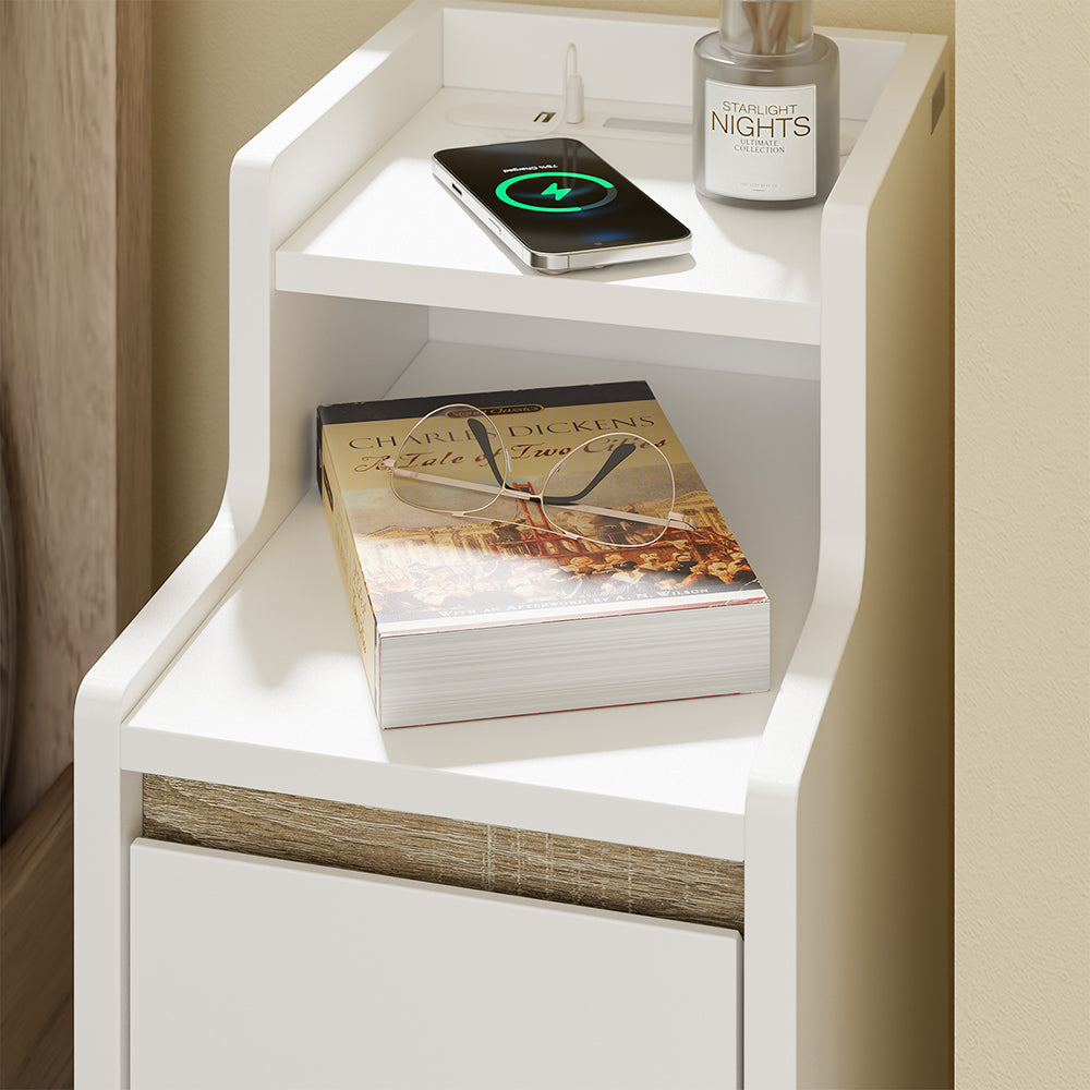 SoBuy FBT178-E-WN Table de Chevet Étroite – 22 cm, Chargeur USB-A & Type-C, Barre LED Tactile, 2 Tiroirs