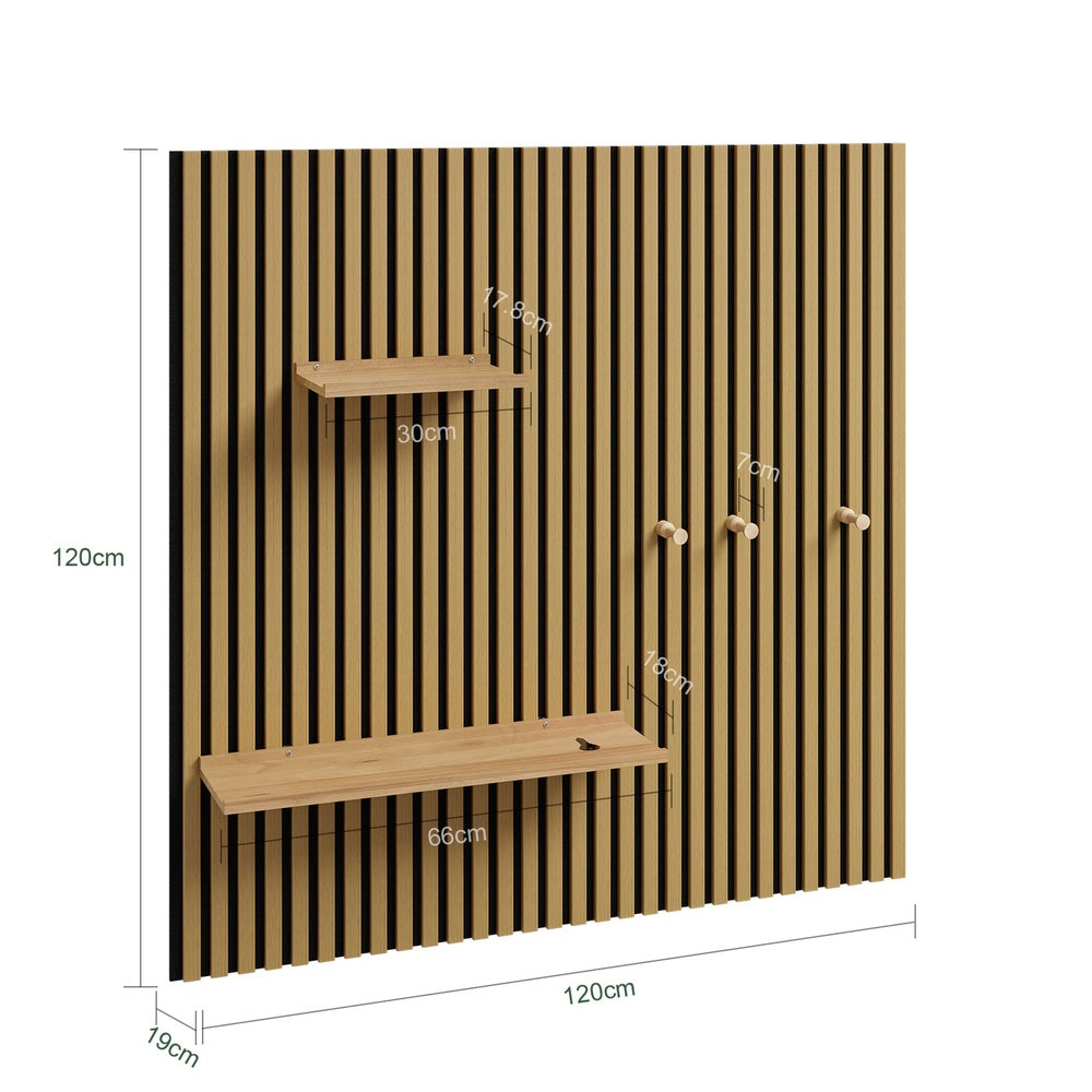 SoBuy FHK40-N Étagère Murale en Bois Naturel avec 2 Tablettes et 3 Crochets – Panneau Mural Modulaire pour Entrée, Salon et Chambre, Rangement Sportif – 120×19×120 cm, Charge 27 kg