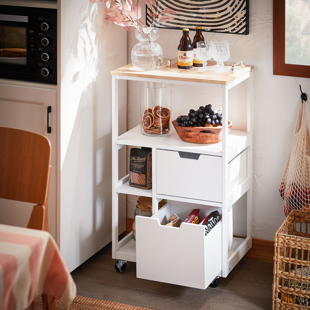 SoBuy FKW111-WN Desserte de Cuisine 53 × 37 × 89 cm, 2 Tiroirs, 3 Niches et Roulettes – Blanc et Bois Naturel