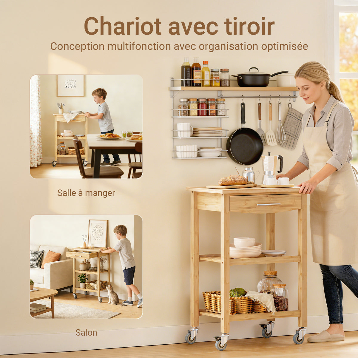 SoBuy FKW135-N Desserte de cuisine en bambou carbonisé 58 cm avec tiroir et roulettes – Chariot de cuisine naturel