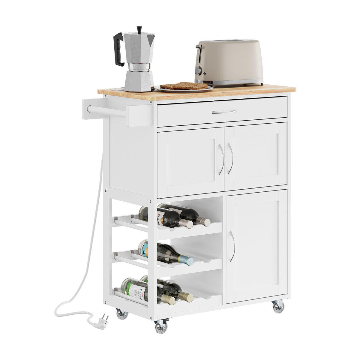 SoBuy FKW45-E-WN Desserte de Cuisine avec Prise IntĂ©grĂ©e â 2 Prises + 2 USB, Casier Ă Bouteilles, Roulettes ou Pieds, 63 kg,