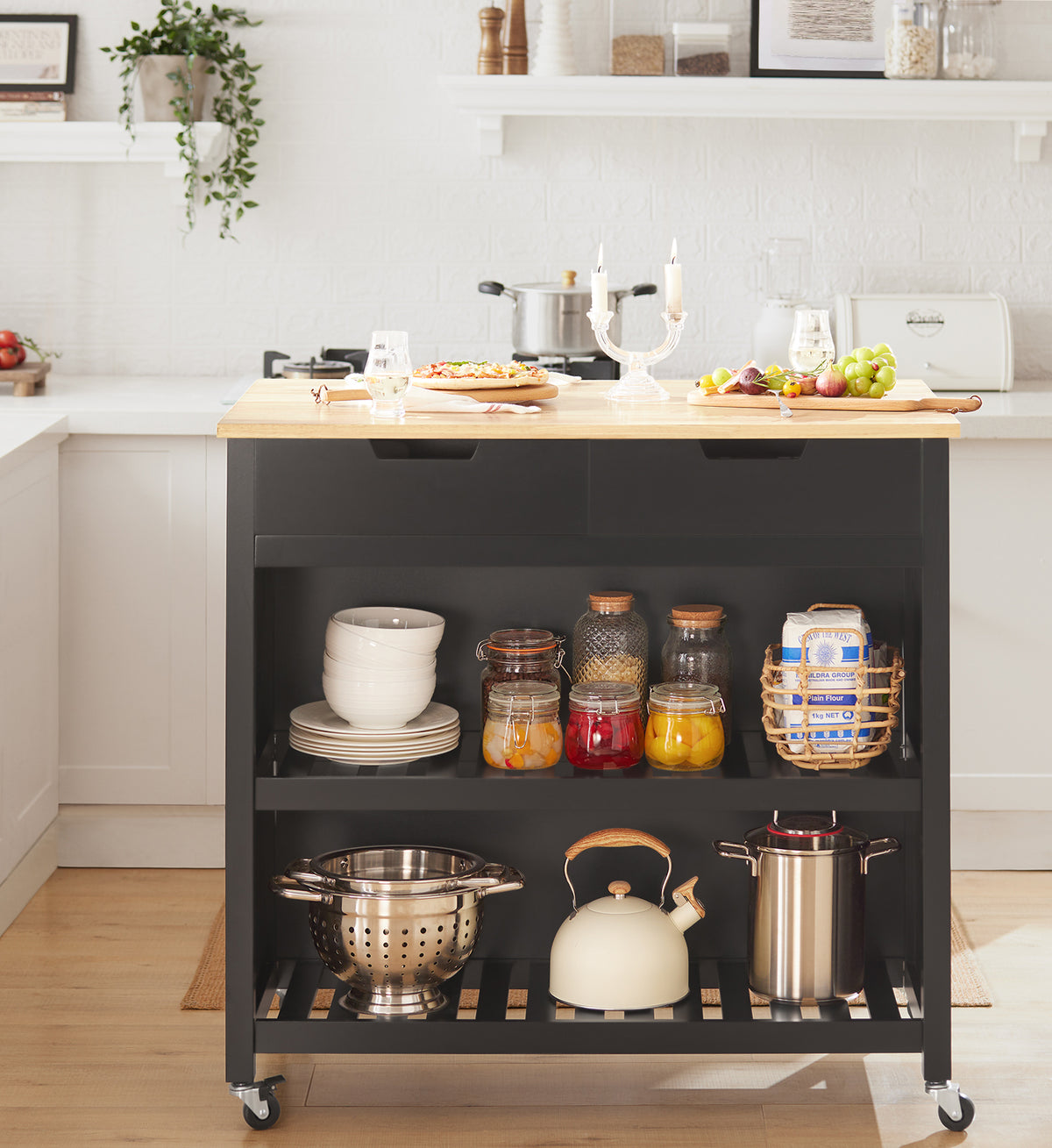 SoBuy FKW74-SCH Desserte de Cuisine 100 × 60 × 94 cm, 2 Tiroirs, 2 Étagères et Roulettes – Noir et Bois Naturel