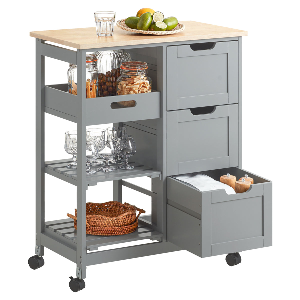 SoBuy FKW79-HG Meuble Cuisine Desserte de Cuisine à roulettes, Desserte Rangement avec 3 Tiroirs et 1 Tablette Amovible, Meub