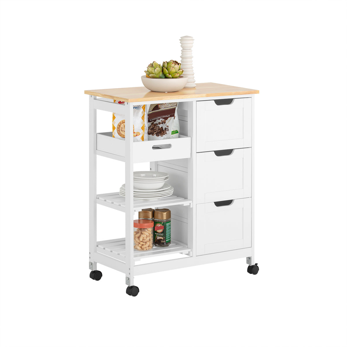 SoBuy FKW79-W Meuble Cuisine Desserte de Cuisine à roulettes, Desserte Rangement avec 3 Tiroirs et 1 Tablette Amovible, Meubl