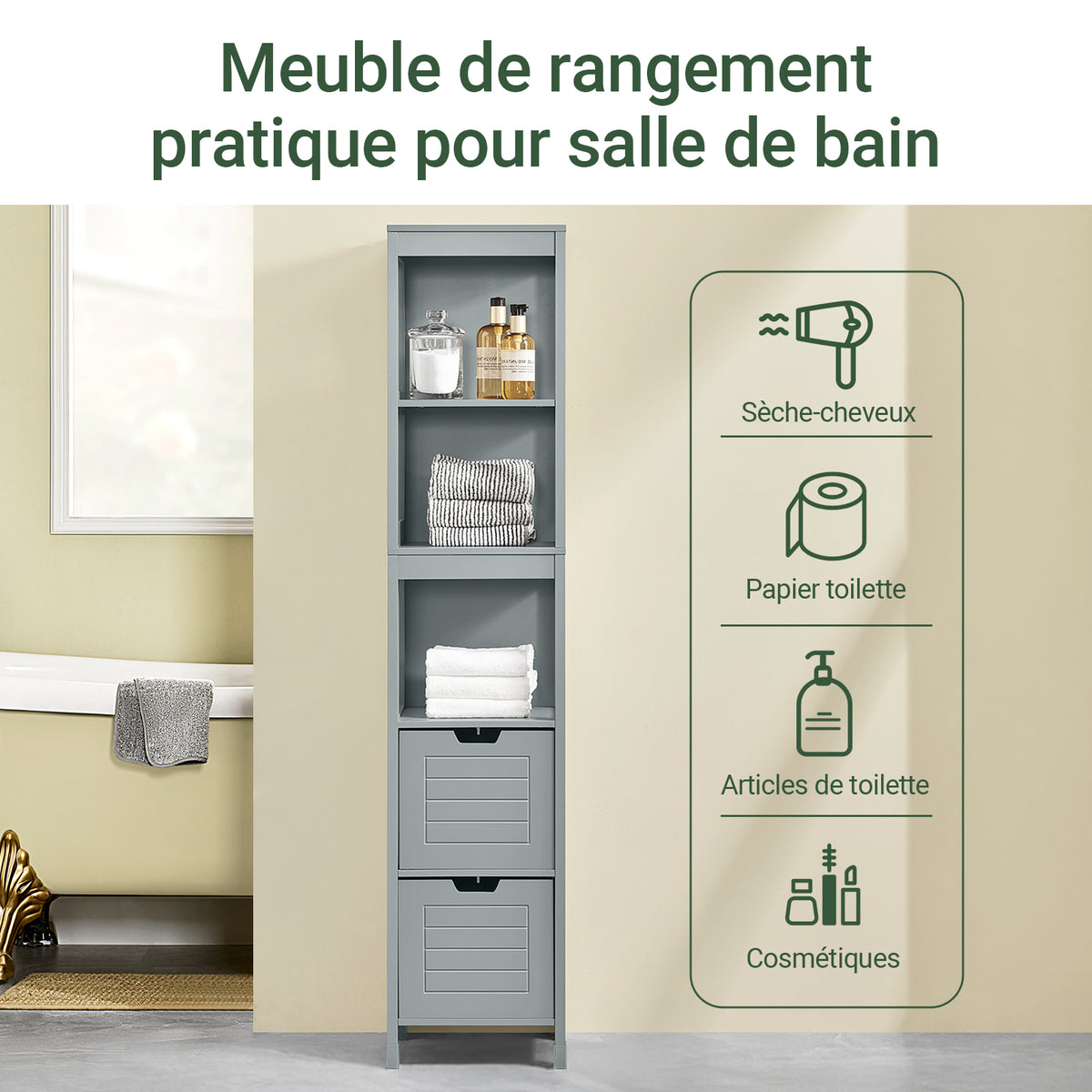 sobuyes.shopG126-SG Colonne Salle de Bain avec 4 Étagères et 2 Tiroirs, Gain de Place, pour Salle de Bain et WC, Usage Quotidien – L30×P30×H140 cm, Bois, Gris Clair