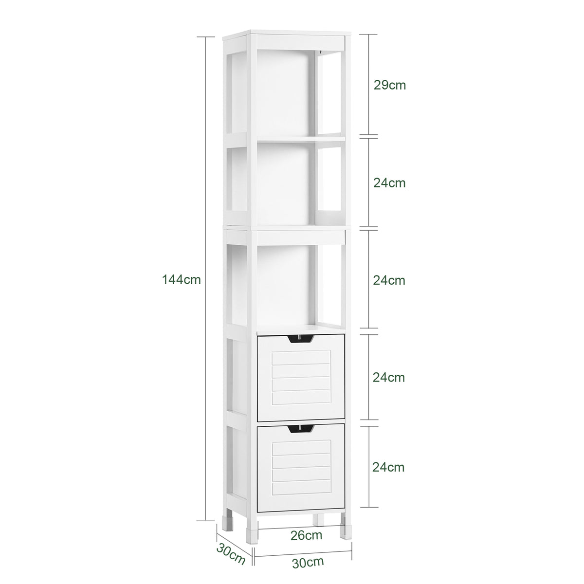 sobuyes.shopG126-W Colonne de Salle de Bain – 4 Étagères, 2 Tiroirs, Anti-Basculement, 30×30×144 cm, Blanc