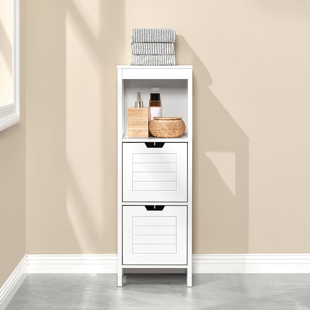 sobuyes.shopG127-W Colonne Salle de Bain avec 2 Paniers, Format Compact, Design Moderne, pour Salle de Bain et WC, Rangement Optimisé – L30×P30×H89 cm, Bois, Blanc