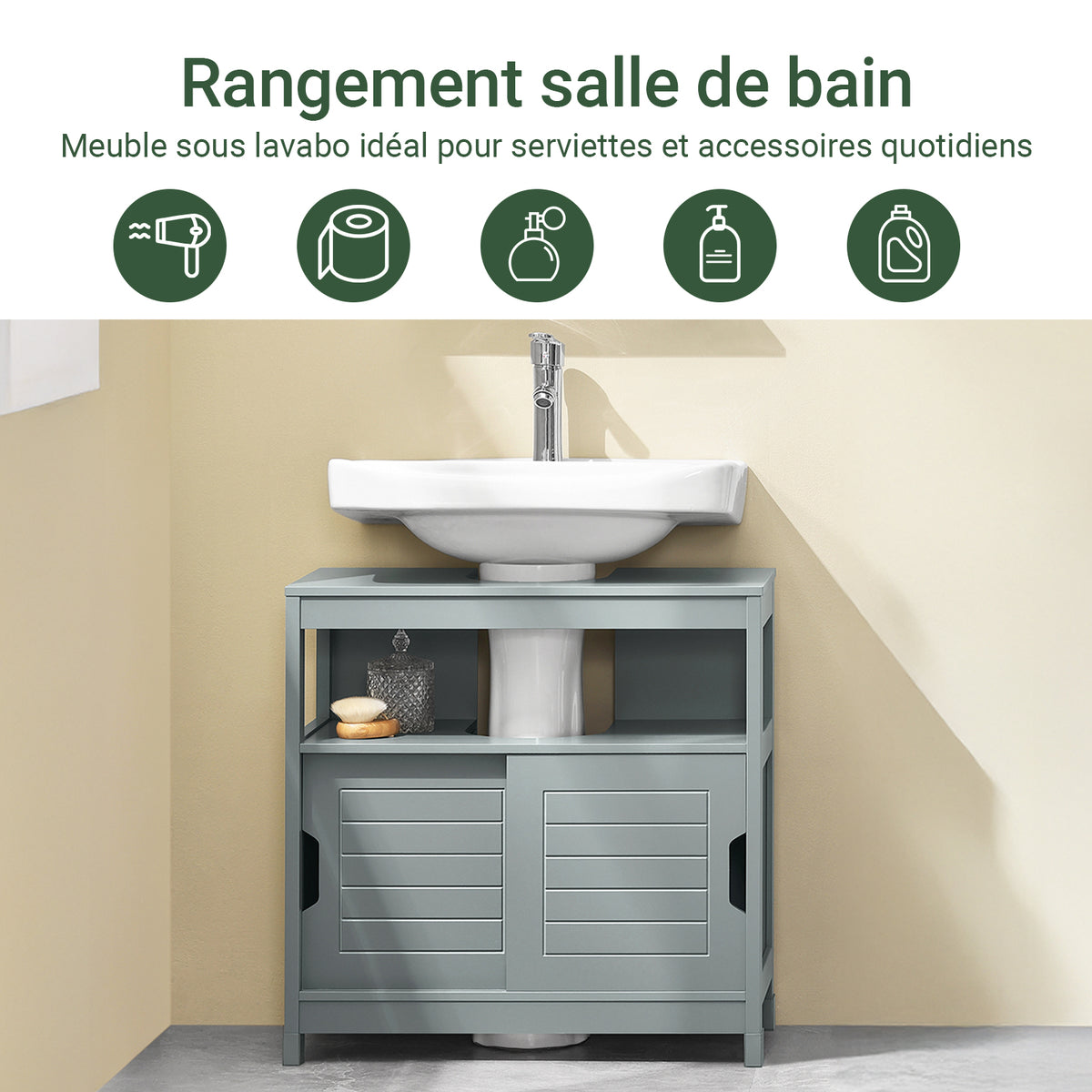 sobuyes.shopG128-II-SG Meuble sous Lavabo avec Portes Coulissantes, Format Compact, Résistant à l’Humidité, pour Salle de Bain et WC – L60×P30×H60 cm, Bois, Gris