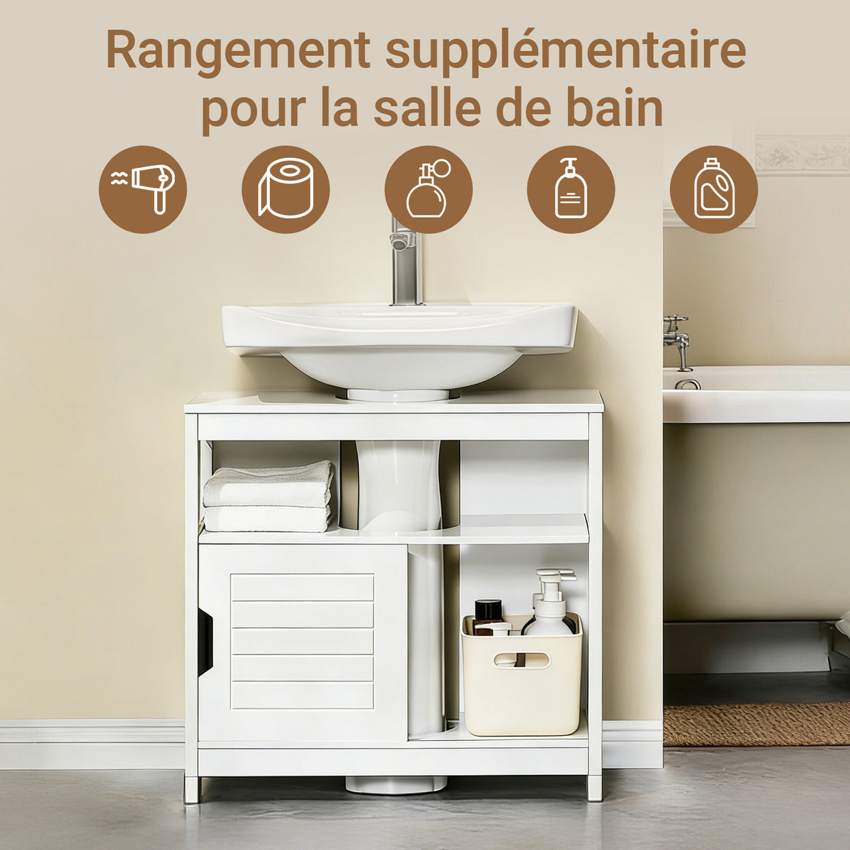 sobuyes.shopG128-II-W Meuble sous Vasque – Découpe U Ajustable, 2 Portes Coulissantes, 60×30×60 cm, Blanc