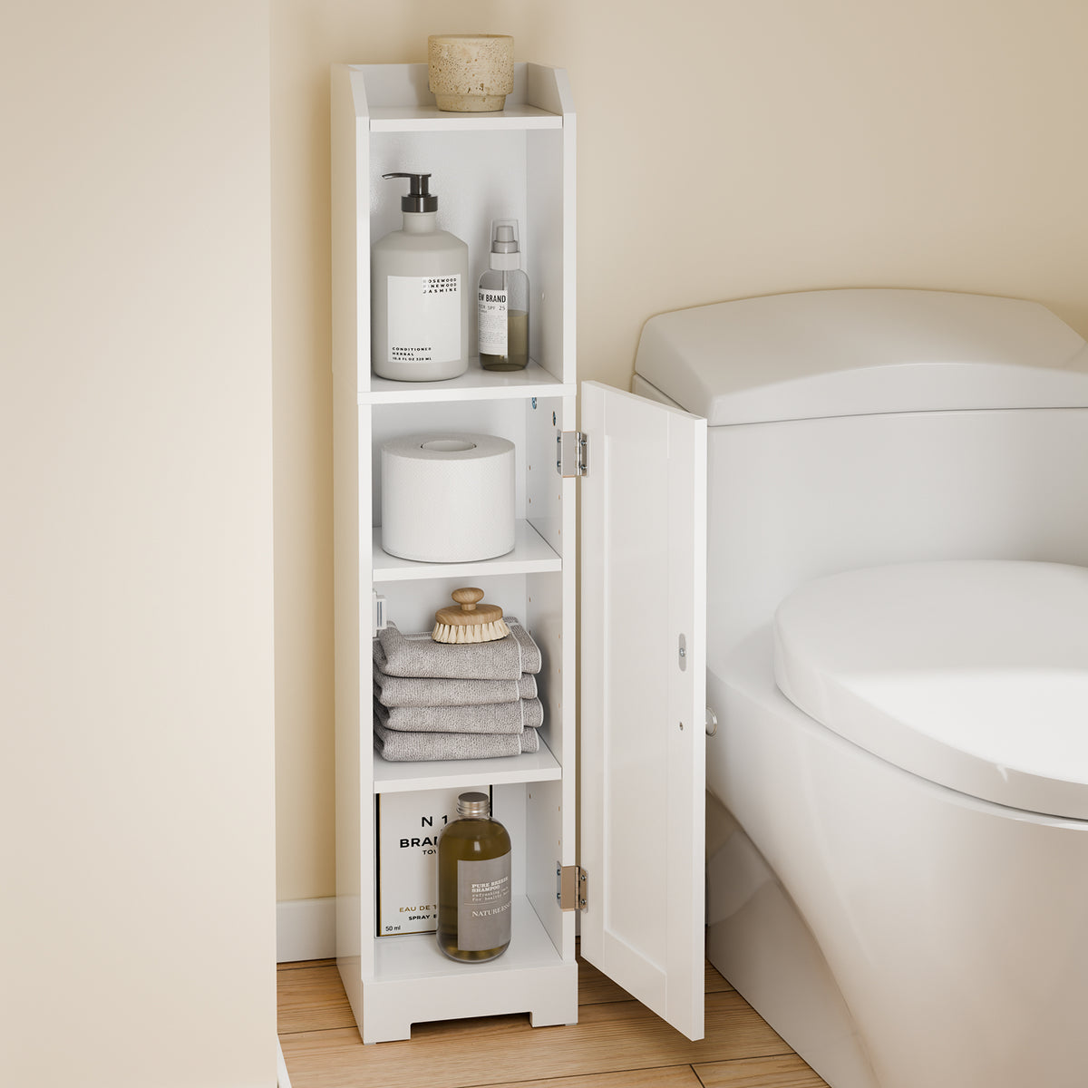 sobuyes.shopG177-II-W Meuble Salle de Bain 20 cm de Largeur sur Pied avec Support Papier et Porte - Petit Meuble WC Rangement Gain de Place Blanc