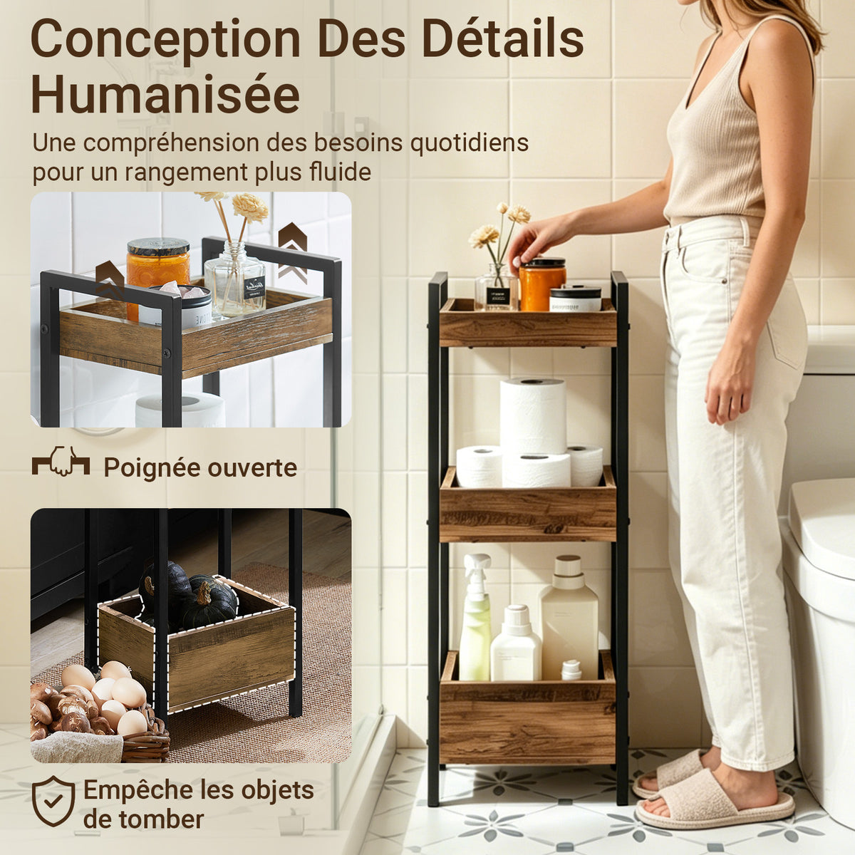 sobuyes.shopG226-F Meuble Salle de Bain Rangement avec 3 paniers - Rangement Serviteur de Douche Étagère de Stockage Salle de Bain Petit Meuble WC Rangement 28x20x74 cm