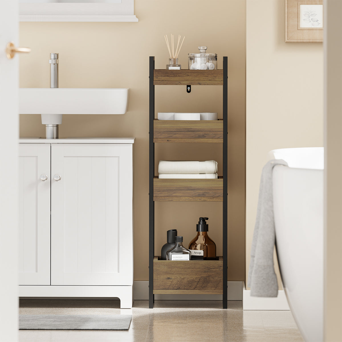 sobuyes.shopG226-H-F Étagère WC Étroite 20 cm – Meuble Rangement Toilette Gain de Place, 4 Étagères Compartimentées, Style Industriel Bois et Métal Noir